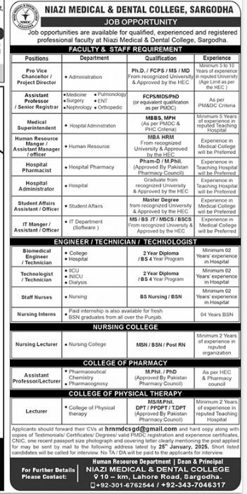 Niazi Medical And Dental College Sargodha Jobs 2025 Jobs 2025 — original advertisement