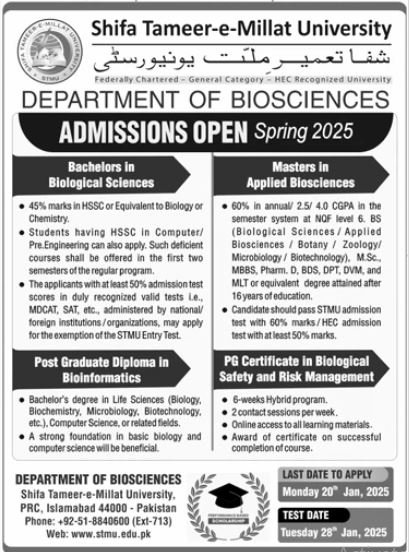 Admission Open in Shifa Tameer E Millat University Islamabad – Shifa Tameer-e-Millat University Islamabad Admissions 2025 — original advertisement