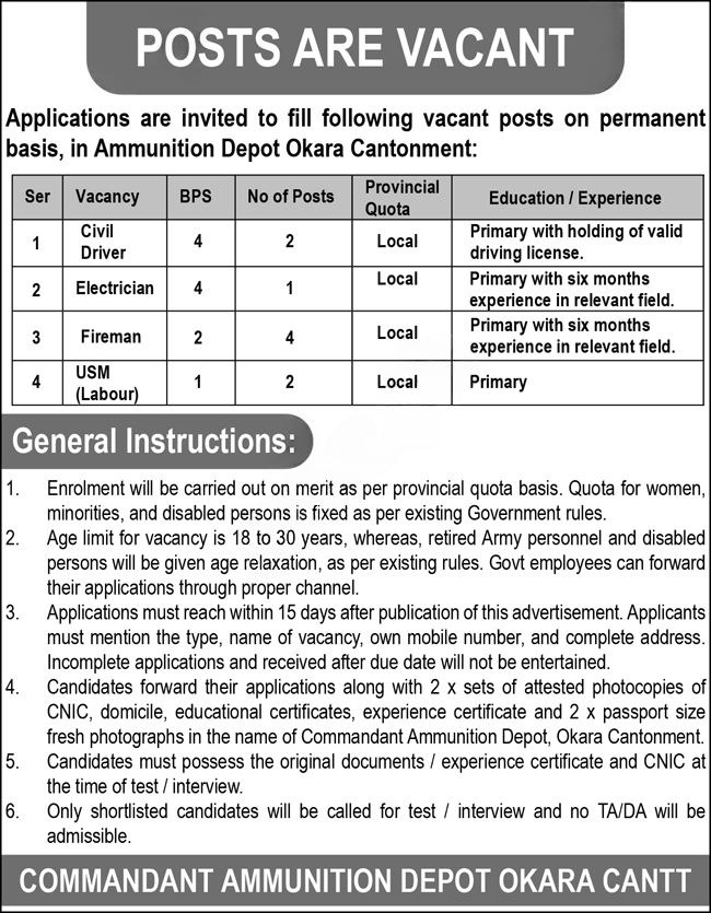 Ammunition Depot Okara Punjab Jobs 2025 – Pakistan Army Jobs 2025 — original advertisement