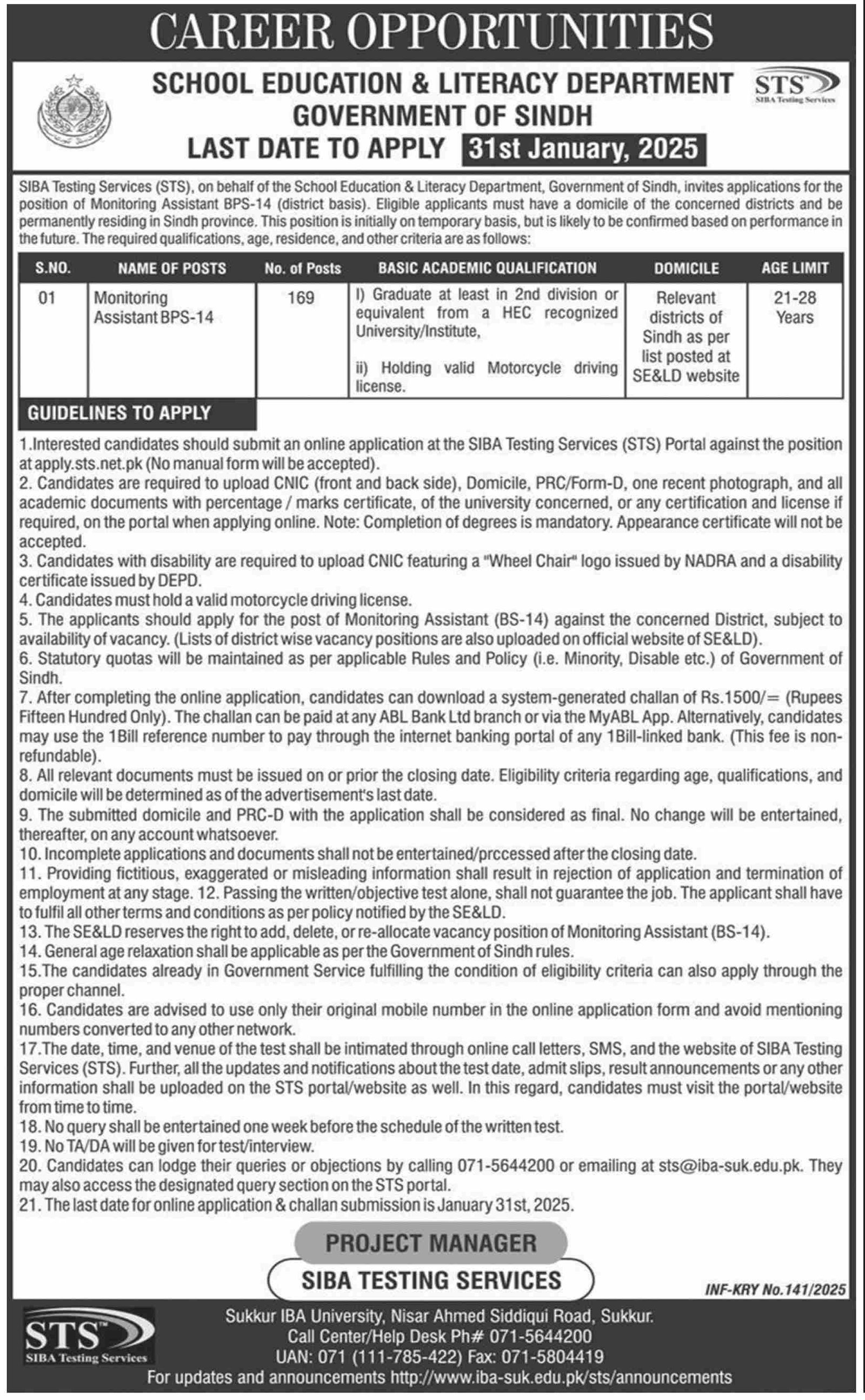 School Education & Literacy Department Sukkur Jobs 2025 – School Education & Literacy Department Sindh Jobs 2025 — original advertisement
