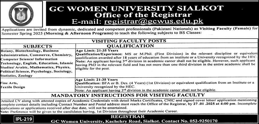 GC Women University Sialkot Visiting Faculty Jobs 2025 – Government College Women University Faisalabad Jobs 2025 — original advertisement