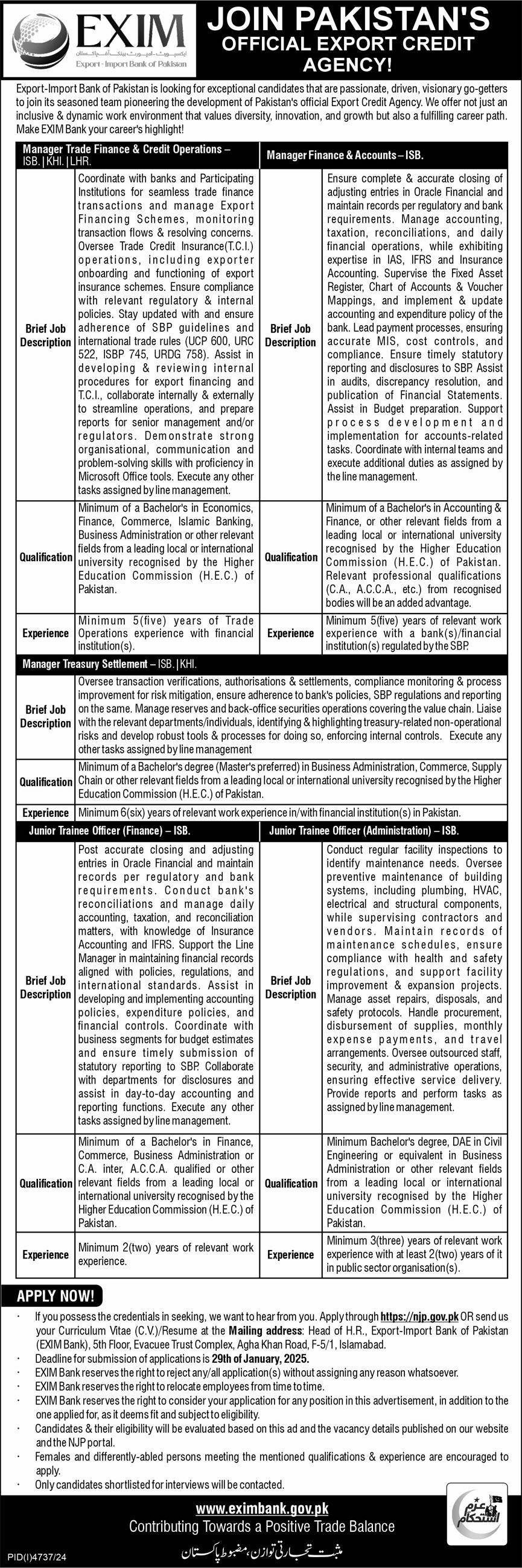 Exim Bank Of Pakistan Islamabad Jobs 2025 Jobs 2025 — original advertisement