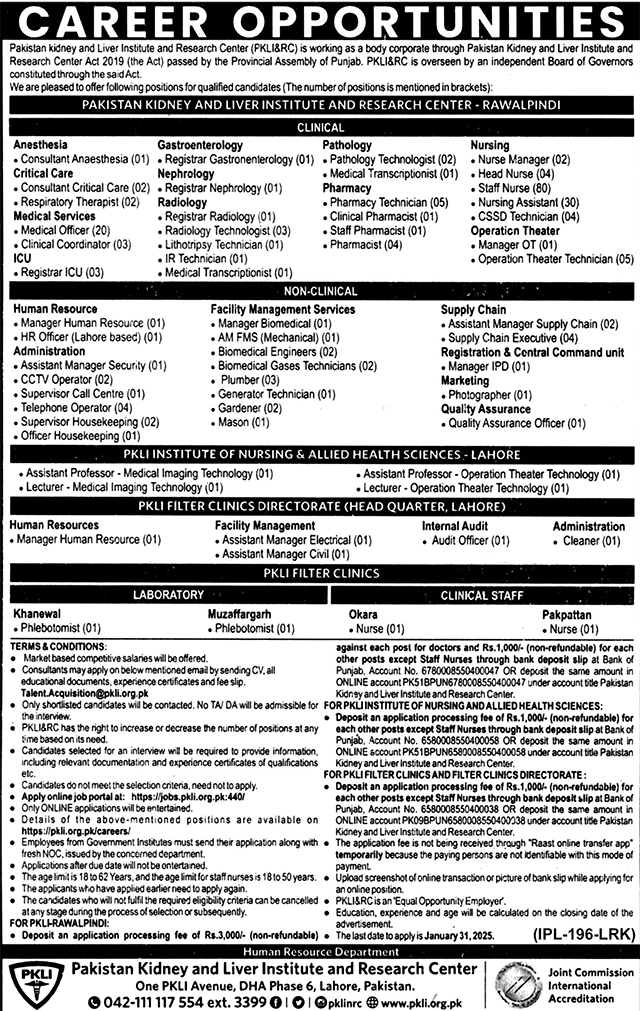Pakistan Kidney & Liver Institute & Research Centre PKLI Job – Pakistan Kidney And Liver Institute (PKLI) And Research Centre Lahore Jobs 2025 — original advertisement