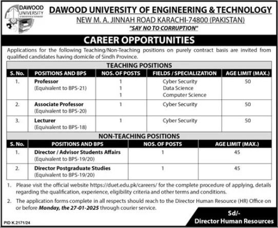 Dowood University of Engineering And Technolgy Jobs 2025 – Dawood University of Engineering and Technology Karachi Jobs 2025 — original advertisement