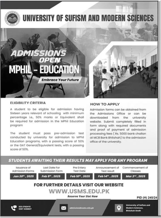 Admission Open in University of Sufism And Modern Sciences – University of Sufism and Modern Sciences Bhitshah Admissions 2025 — original advertisement