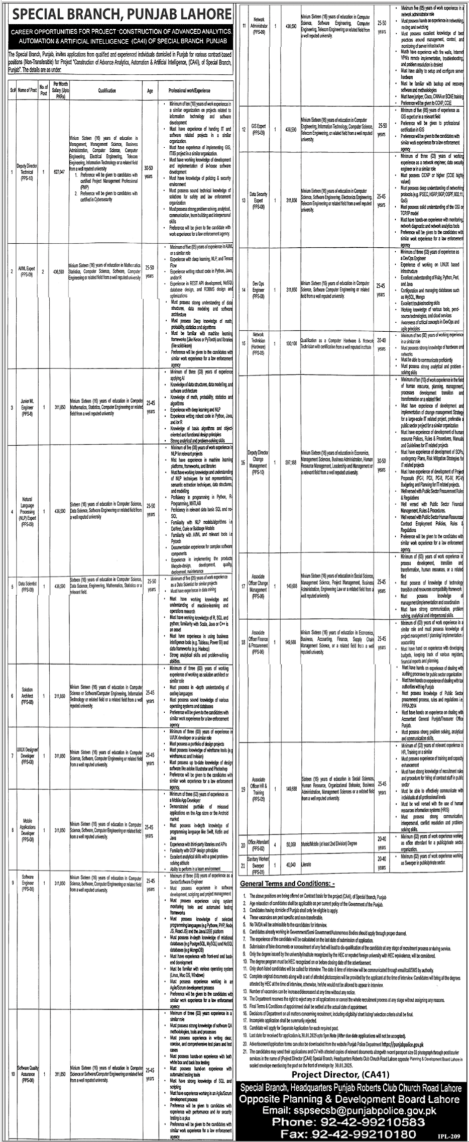 Special Branch Punjab Lahore Jobs 2025 – Punjab Police Jobs 2025 — original advertisement