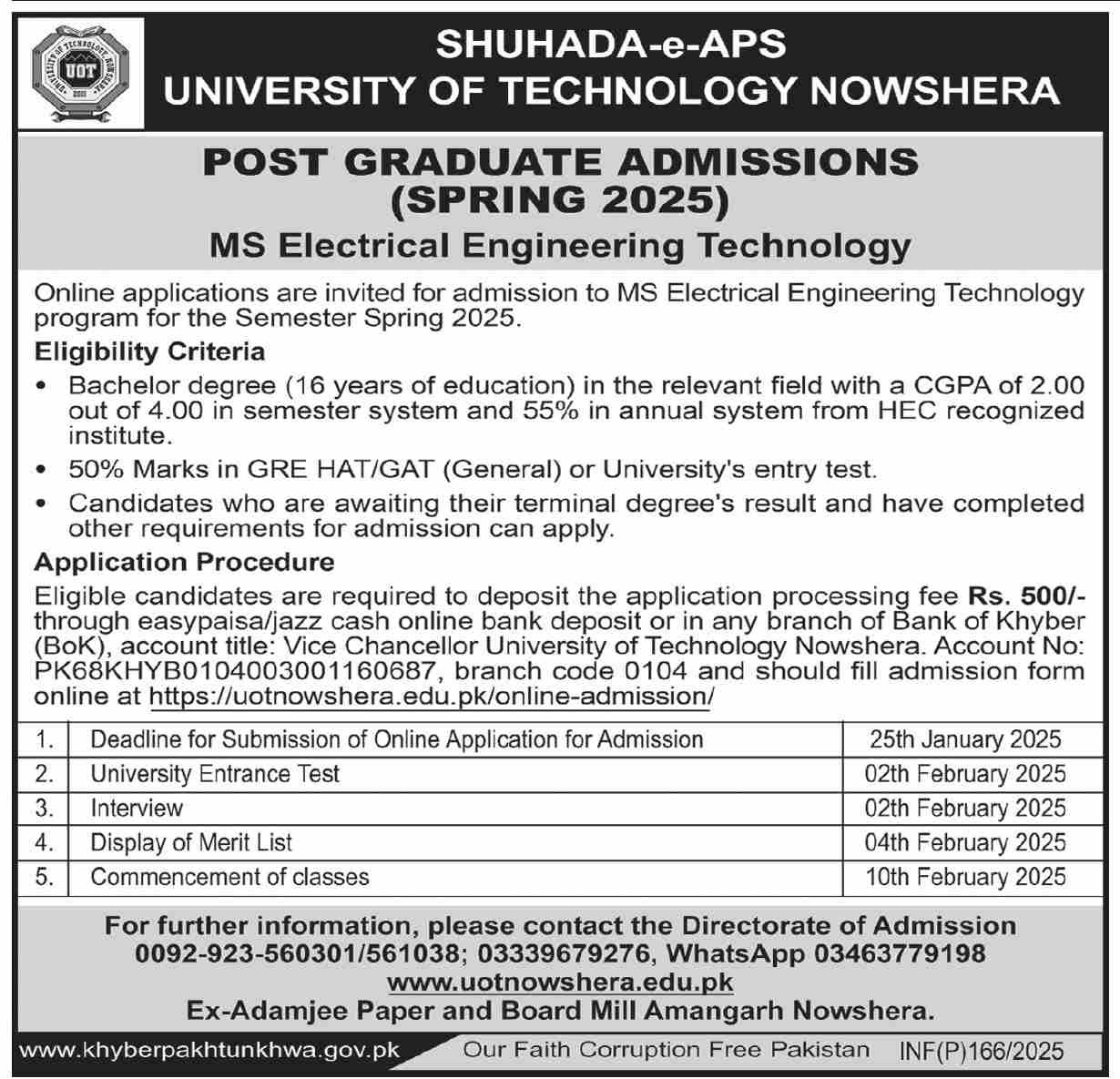 Admission Open in Shudada e Aps University of Technology – Shuhada e APS University of Technology Nowshera Admissions 2025 — original advertisement