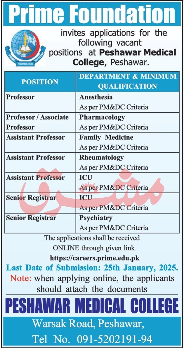 Prime Foundation Peshawar Medical College Jobs 2025 Jobs 2025 — original advertisement