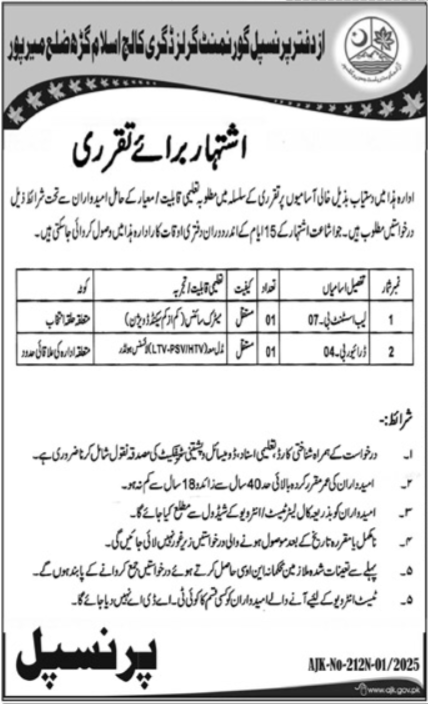 Govt Girls Degree College Islamgarh Mirpur Jobs 2025 – Govt of Azad Kashmir Jobs 2025 — original advertisement