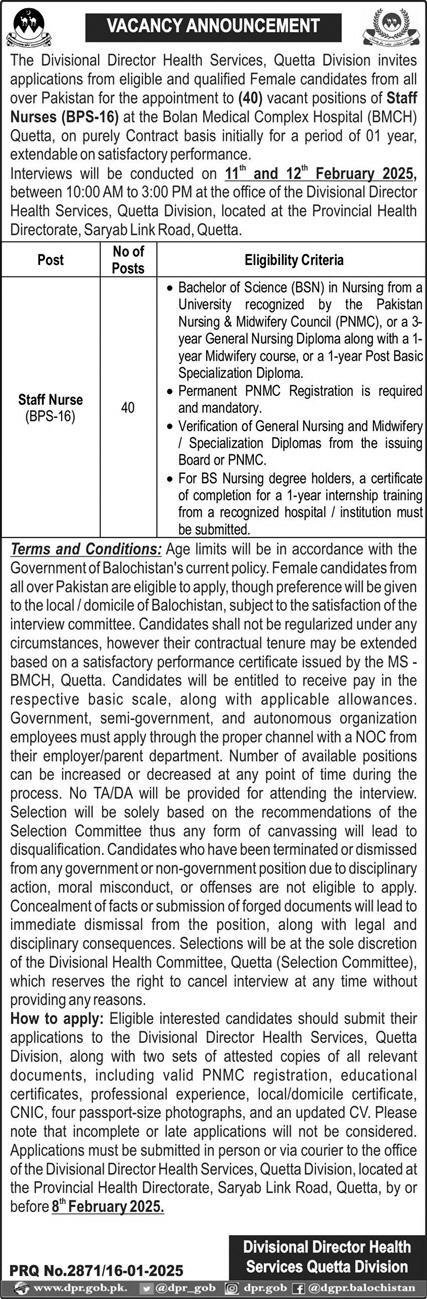 Health Department Balochistan Staff Nurse Jobs 2025 – Health Department Balochsitan Jobs 2025 — original advertisement