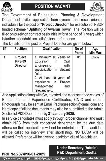 Planning & Development Department P&DD Quetta Jobs 2025 – Planning and Development Department Balochistan Jobs 2025 — original advertisement