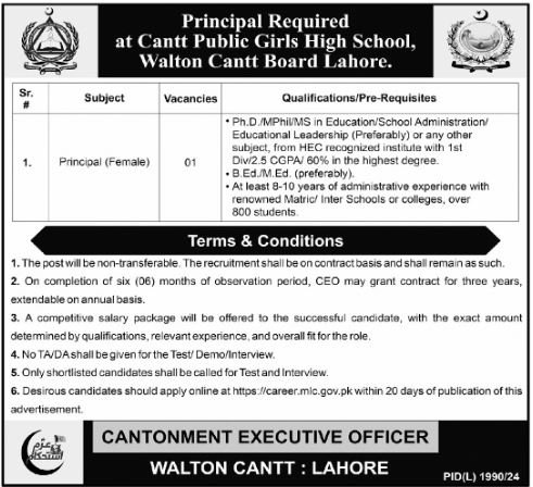Cantt Public Girls High School Walton Cantt Board Jobs 2025 – Pakistan Army Jobs 2025 — original advertisement