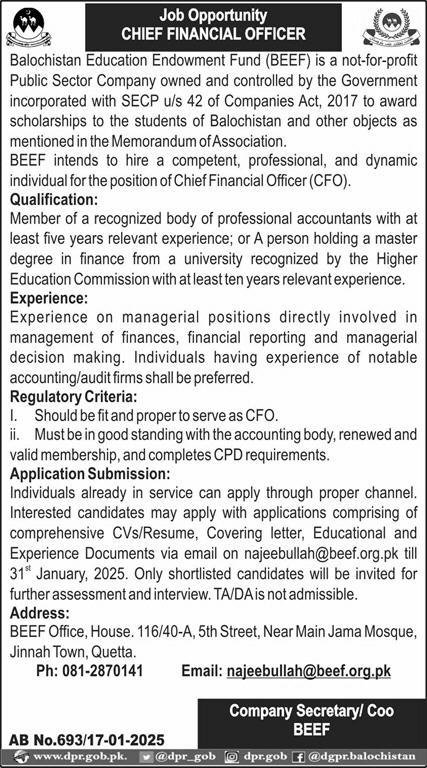 Balochistan Education Endowment Fund BEEF Jobs 2025 – Balochistan Education Endowment Fund (BEEF) Jobs 2025 — original advertisement