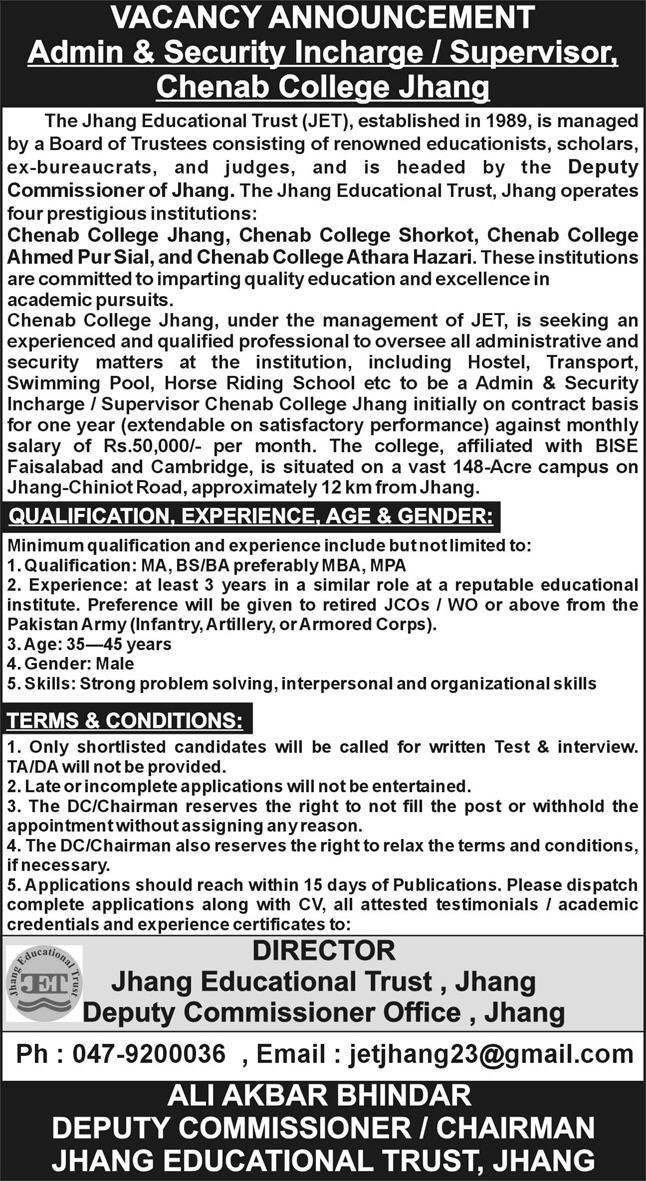 Chenab College Jhang Punjab Jobs 2025 Jobs 2025 — original advertisement