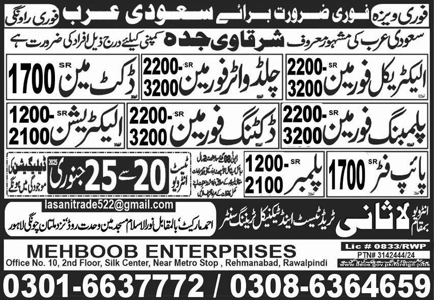 Plumbing Foreman & Electrical Foreman Jobs 2025 – Lasani Trade Test & Technical Training Center Jobs 2025 — original advertisement