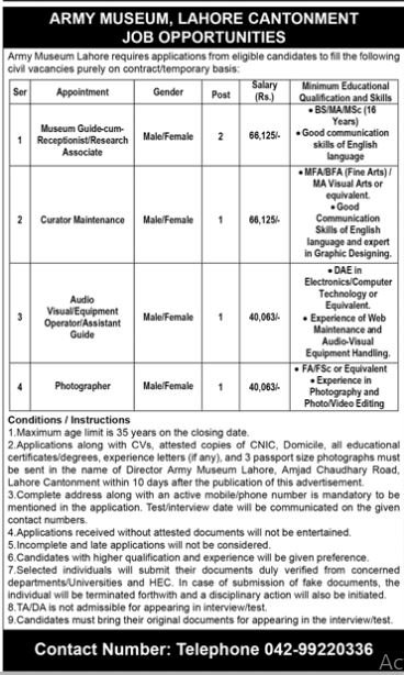 Army Museum Lahore Cantonment Jobs 2025 – Pakistan Army Jobs 2025 — original advertisement