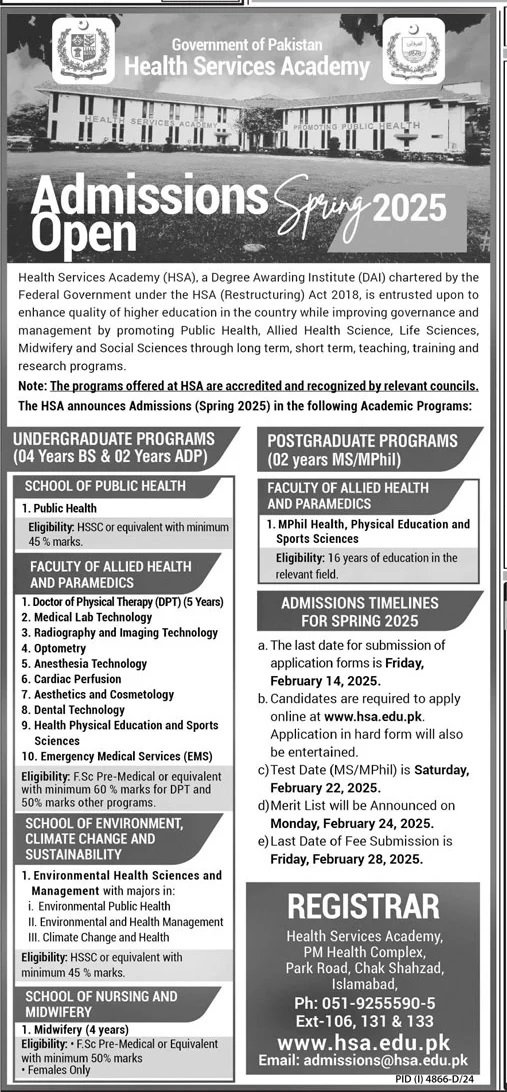 Admission Open in Health Services Acadmy 2025 – Health Services Academy Admissions 2025 — original advertisement