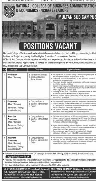 National College of Businees Adminstration Jobs 2025 – National College of Business Administration & Economics Lahore Jobs 2025 — original advertisement