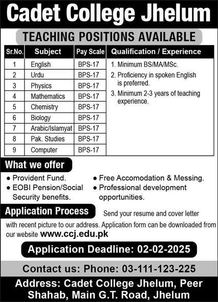 Cadet College Jhelum Jobs 2025 – Cadet College Jhelum Punjab Jobs 2025 — original advertisement