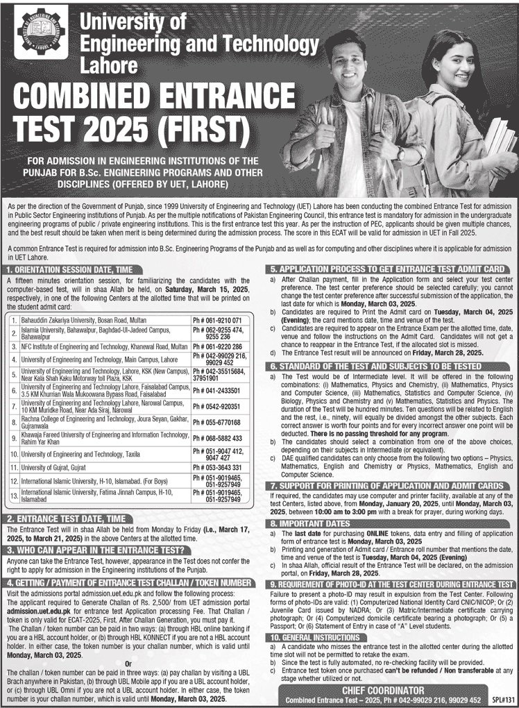 Admission Open in University of Engineering And Technology – University of Engineering  & Technology Lahore Admissions 2025 — original advertisement