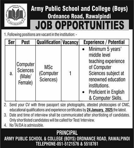 Army Public School And College Rawalpindi Jobs 2025 – Army Public School & College Paksitan Jobs 2025 — original advertisement