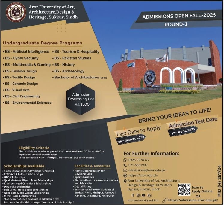 Admission Open in Aror University of Art Architecture Design – Aror university of Art Architecture Design & Heritages Sukkur Admissions 2025 — original advertisement