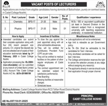 Cadet college Noshki Balochistan Jobs 2025 – Cadet College Noshki Balochsitan Jobs 2025 — original advertisement