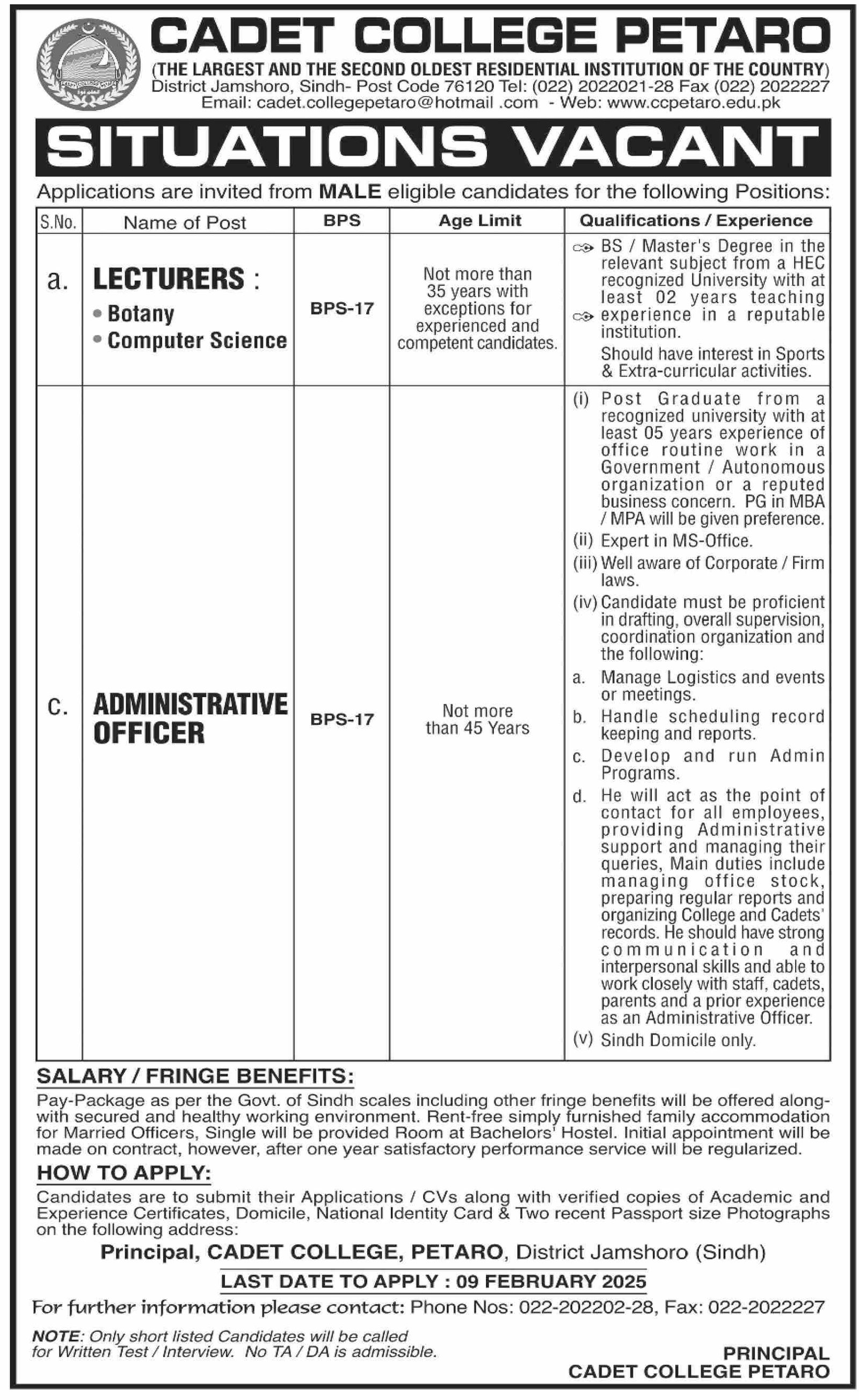 Cadet college petaro Sindh Jobs 2025 Jobs 2025 — original advertisement