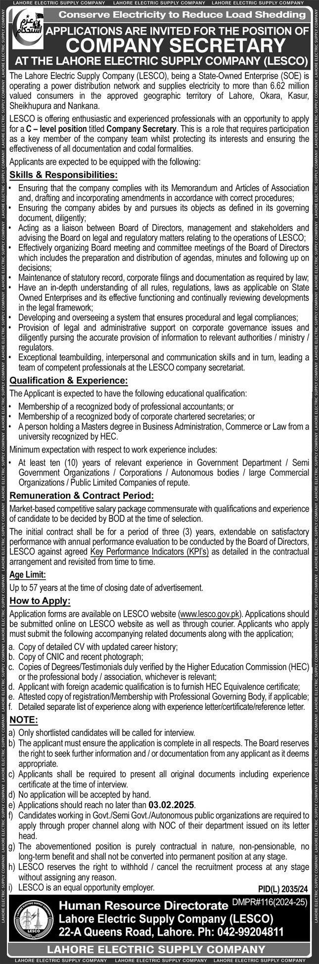 Lahore Electric Supply Company LESCO Jobs 2025 – Lahore Electric Supply Company LESCO Lahore Jobs 2025 — original advertisement