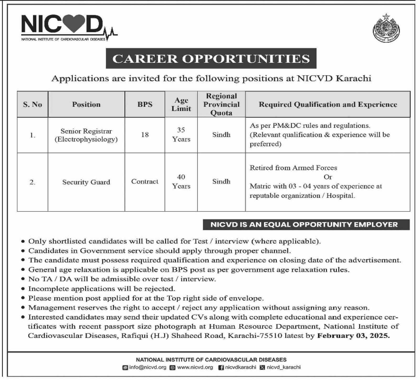 National Institute of Cardiovascular Diseases NICVD Jobs – National Institute of Cardiovascular Diseases (NICVD) Sindh Karachi Jobs 2025 — original advertisement