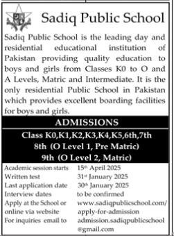 Admission Open in Sadiq Public School – Sadiq Public School Bahawalpur Admissions 2025 — original advertisement