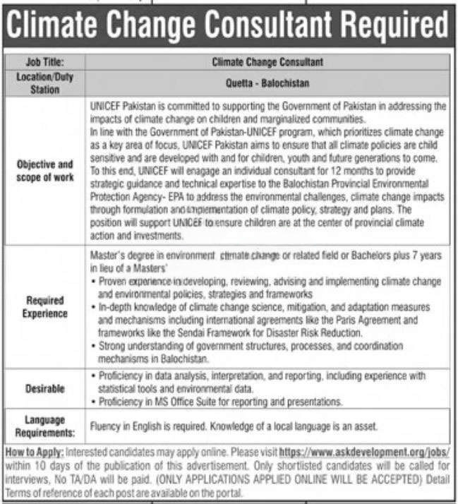 Climate Change Consultant Quetta Jobs 2025 – Ministry of Climate Change Jobs 2025 — original advertisement