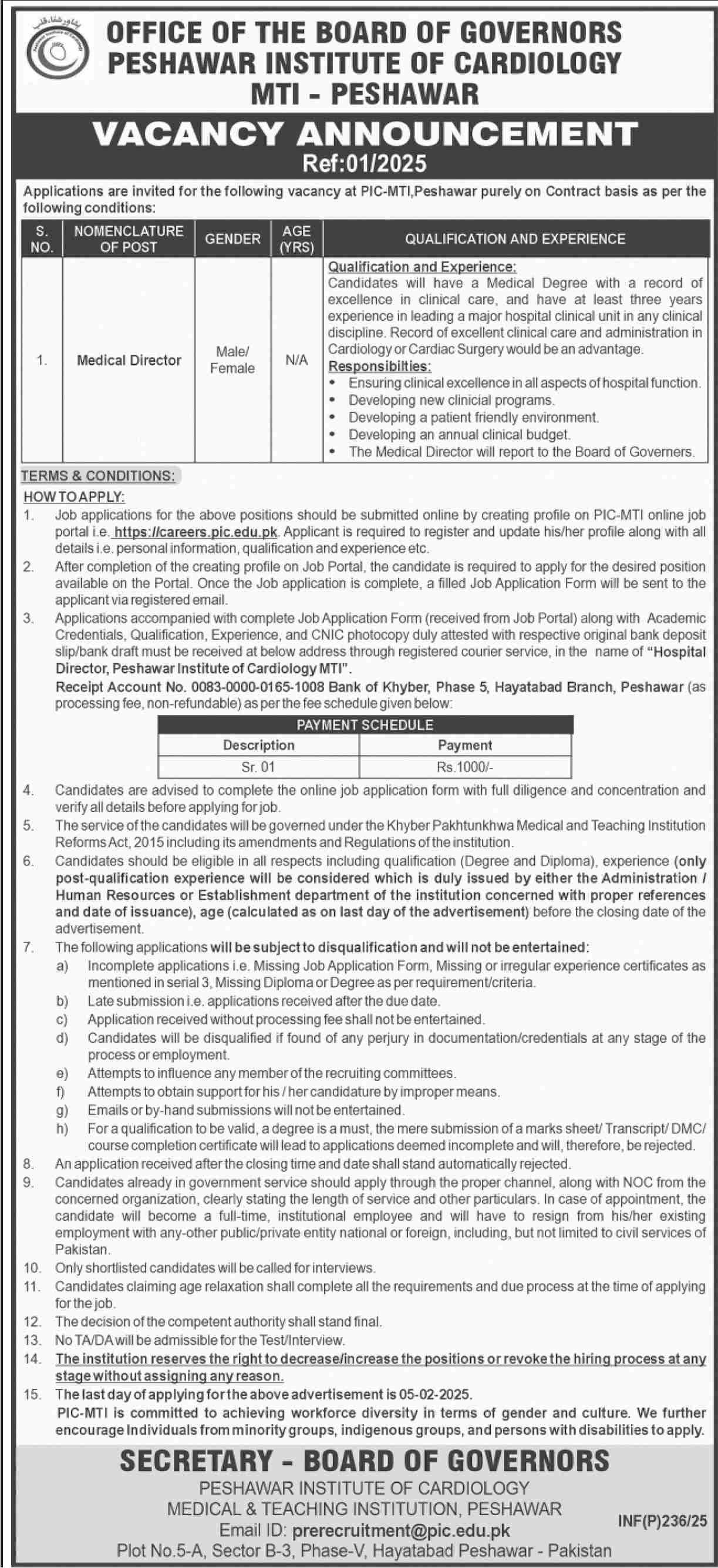 Peshawar Institute Of Cardiology PIC JOb 2025 Jobs 2025 — original advertisement