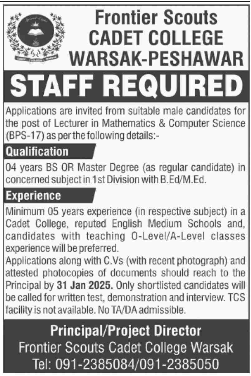 Frontier Scouts Cadet College Warsak Peshawar Jobs 2025 Jobs 2025 — original advertisement