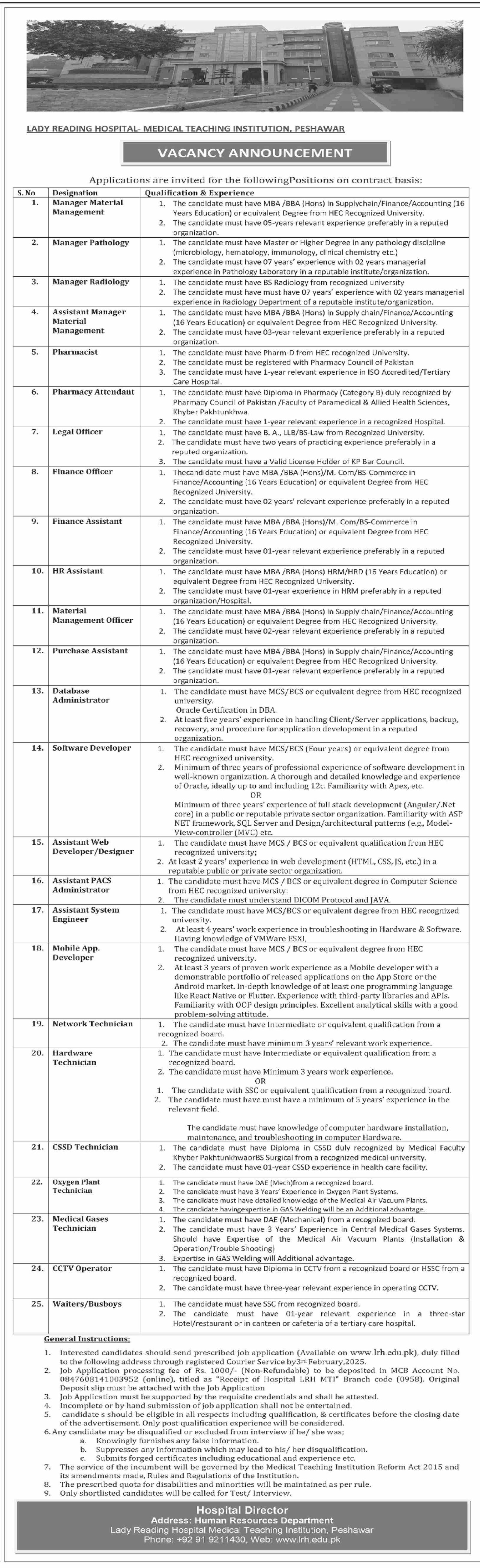 Lady Reading Hospital Peshawar Khyber Pakhtunkhwa Jobs 2025 Jobs 2025 — original advertisement