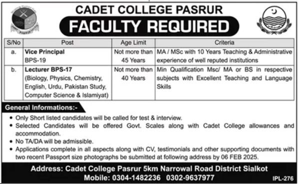 Cadet College Pasrur Punjab Jobs 2025 Jobs 2025 — original advertisement