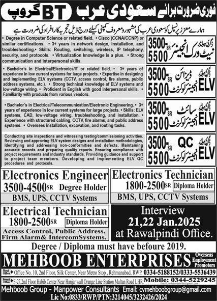 ELV QC Engineer & Electronics Engineer Jobs 2025 – Mehboob Enterprises Overseas Employment Promoters Jobs 2025 — original advertisement
