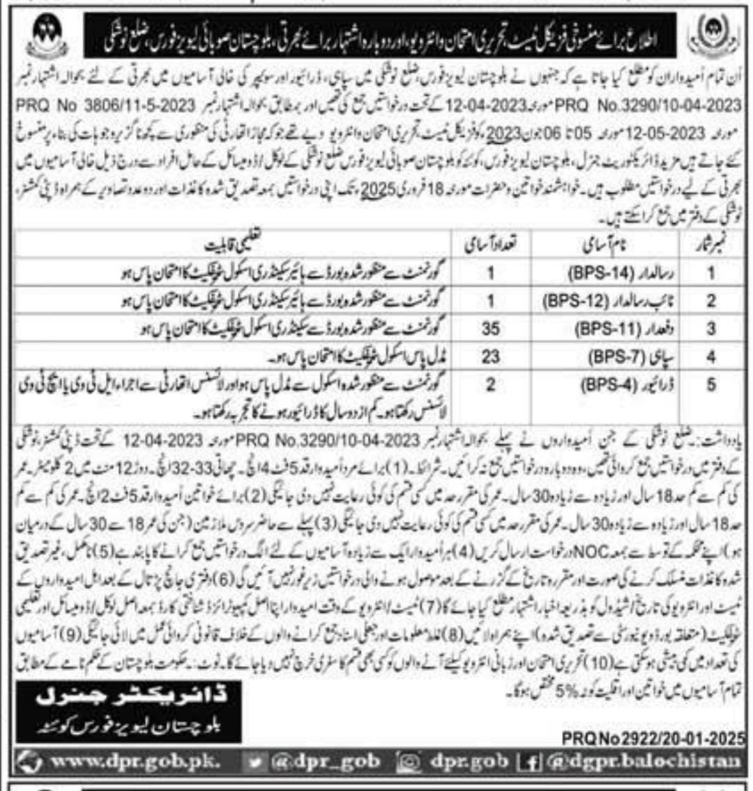 Balochistan Levis Force Nushki Jobs 2025 – Balochistan Levies Force Jobs 2025 — original advertisement