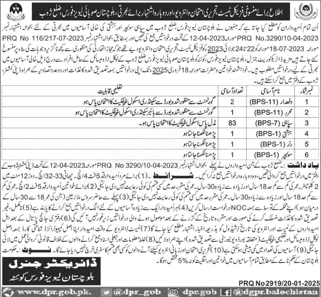 Balochistan Levis Force Zhob Jobs 2025 – Balochistan Levies Force Jobs 2025 — original advertisement