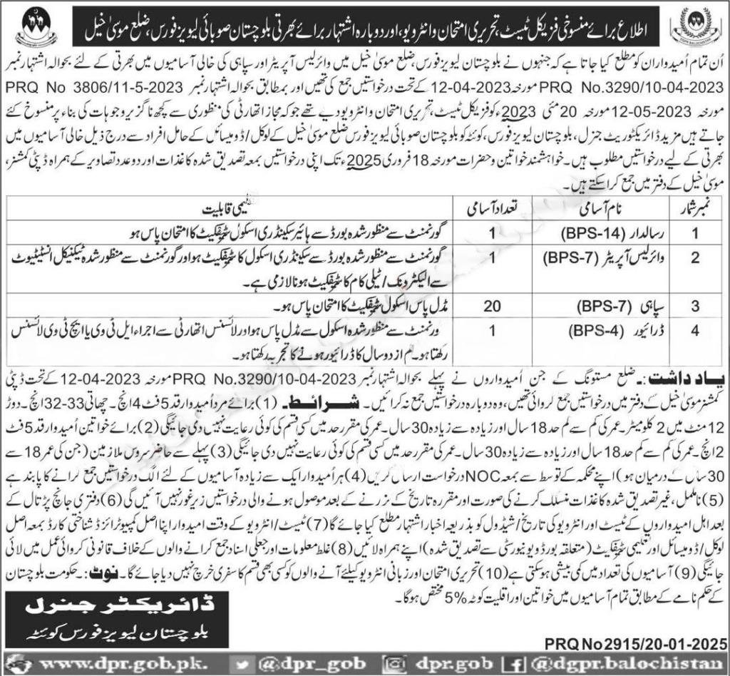 Balochistan Levis Force Musa Khail Jobs 2025 – Balochistan Levies Force Jobs 2025 — original advertisement