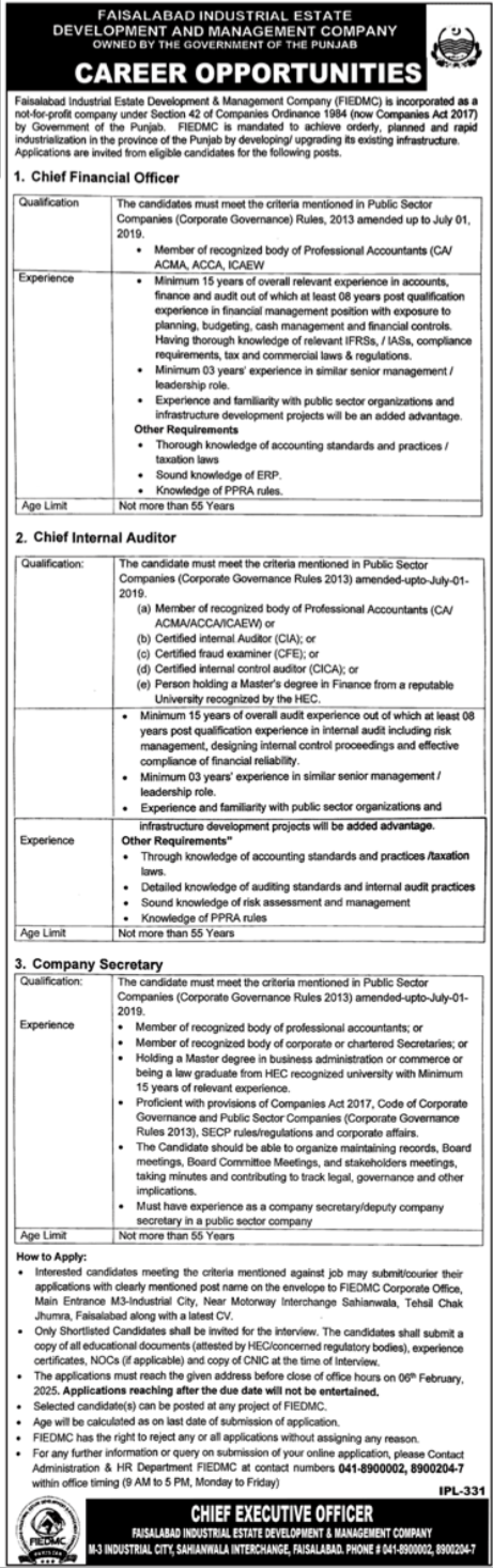 Faisalabad Industrial Estate Development FIEDMC Jobs 2025 – Private Company Jobs 2025 — original advertisement