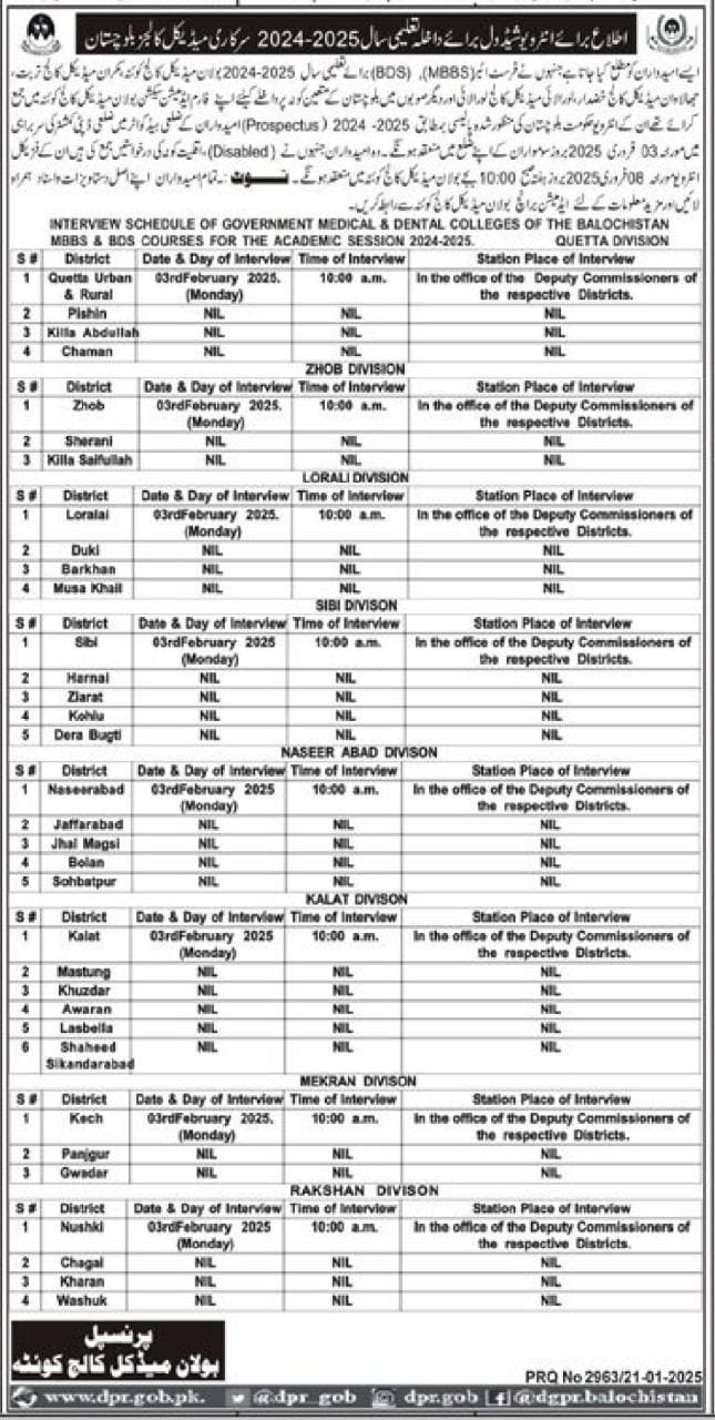 Admission Interview Schedule in Bolan Medical College Quetta Admissions 2025 — original advertisement