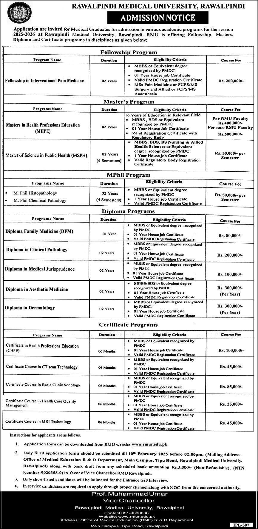 Admisssion Open in Rawalpindi Medical University Rawalpindi – Rawalpindi Medical University Punajb Admissions 2025 — original advertisement
