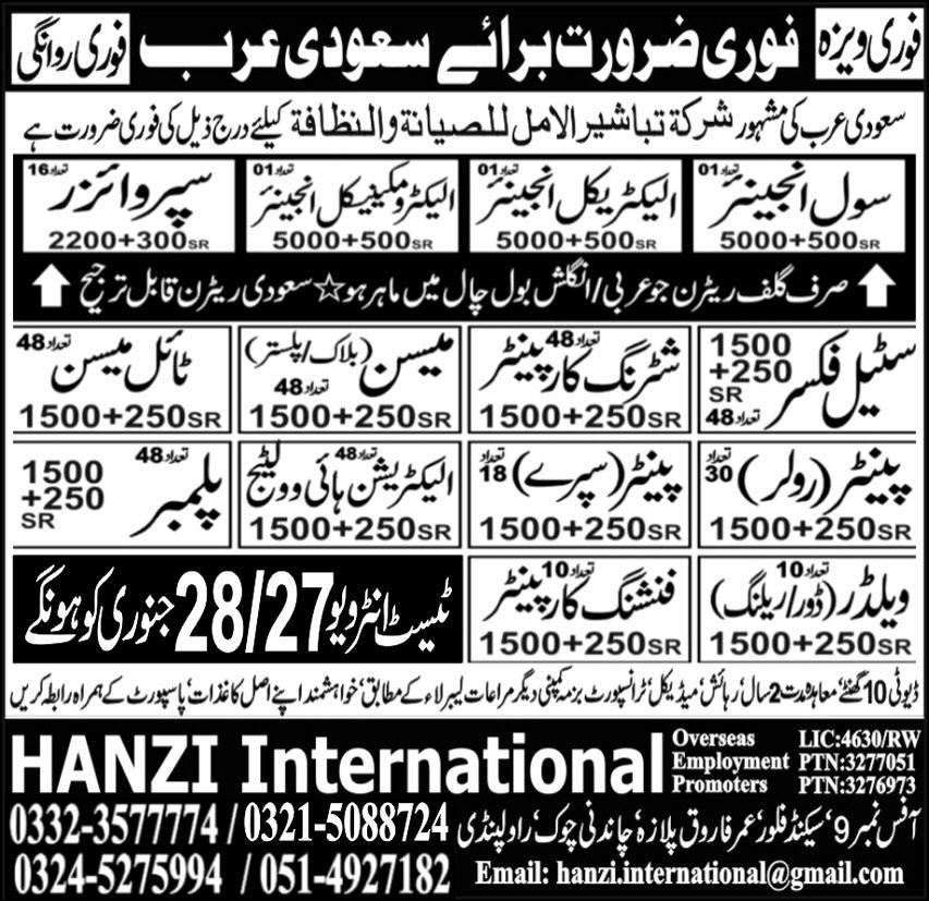 Electrician High Voltage & Finishing Carpenter Jobs 2025 – Hanzi International Overseas Jobs 2025 — original advertisement