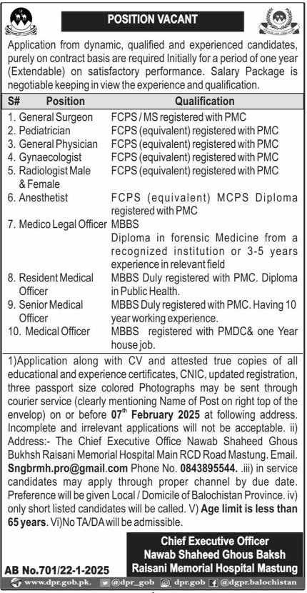 Nawab Shaheed Ghous Bakhsh Raisani Memorial Hospital Jobs – Nawab Shaheed Ghous Bakhsh Raisani Memorial Hospital Mastung Jobs 2025 — original advertisement