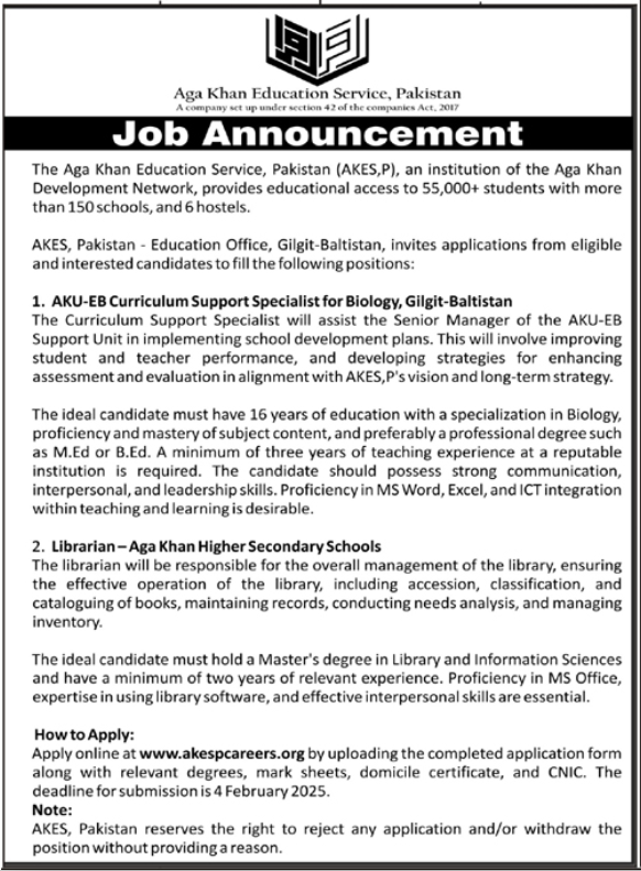 Aga Khan Education Service AKES Pakistan Jobs 2025 – Aga Khan Education Service Pakistan Jobs 2025 — original advertisement