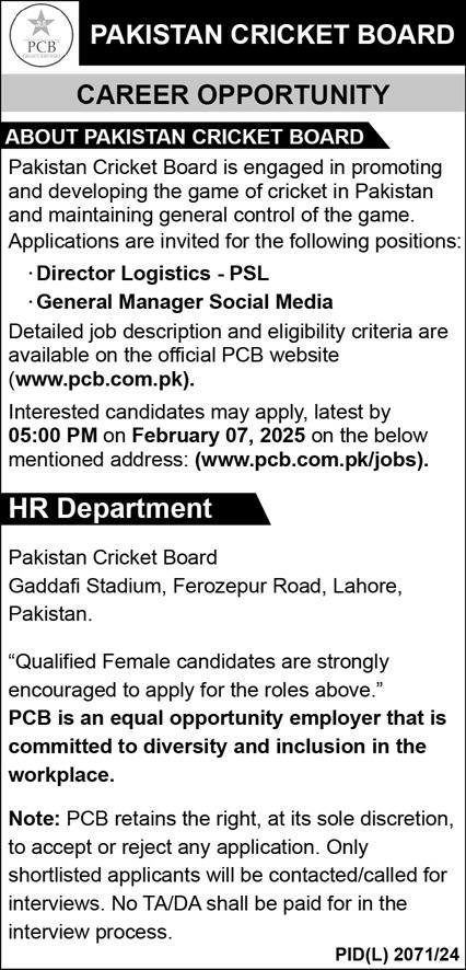 Pakistan Cricket Board PCB Lahore Jobs 2025 – Pakistan Cricket Board (PCB) Jobs 2025 — original advertisement
