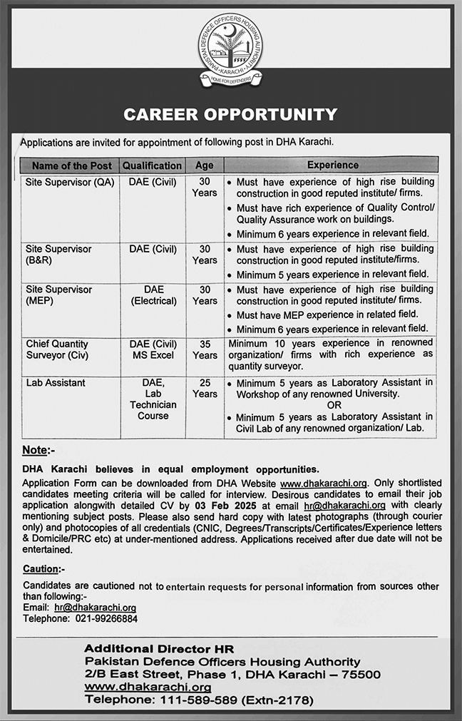 Pakistan Defence Housing Authority DHA Karachi Jobs 2025 Jobs 2025 — original advertisement