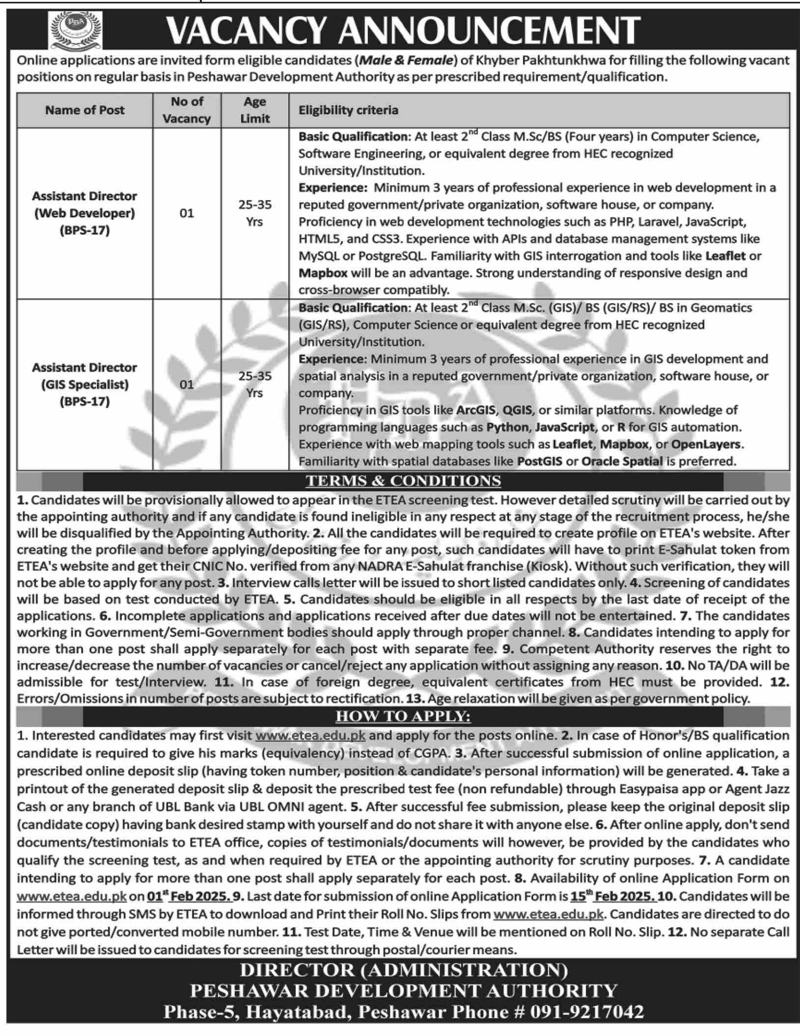 Peshawar Development Authority PDA Jobs 2025 Jobs 2025 — original advertisement