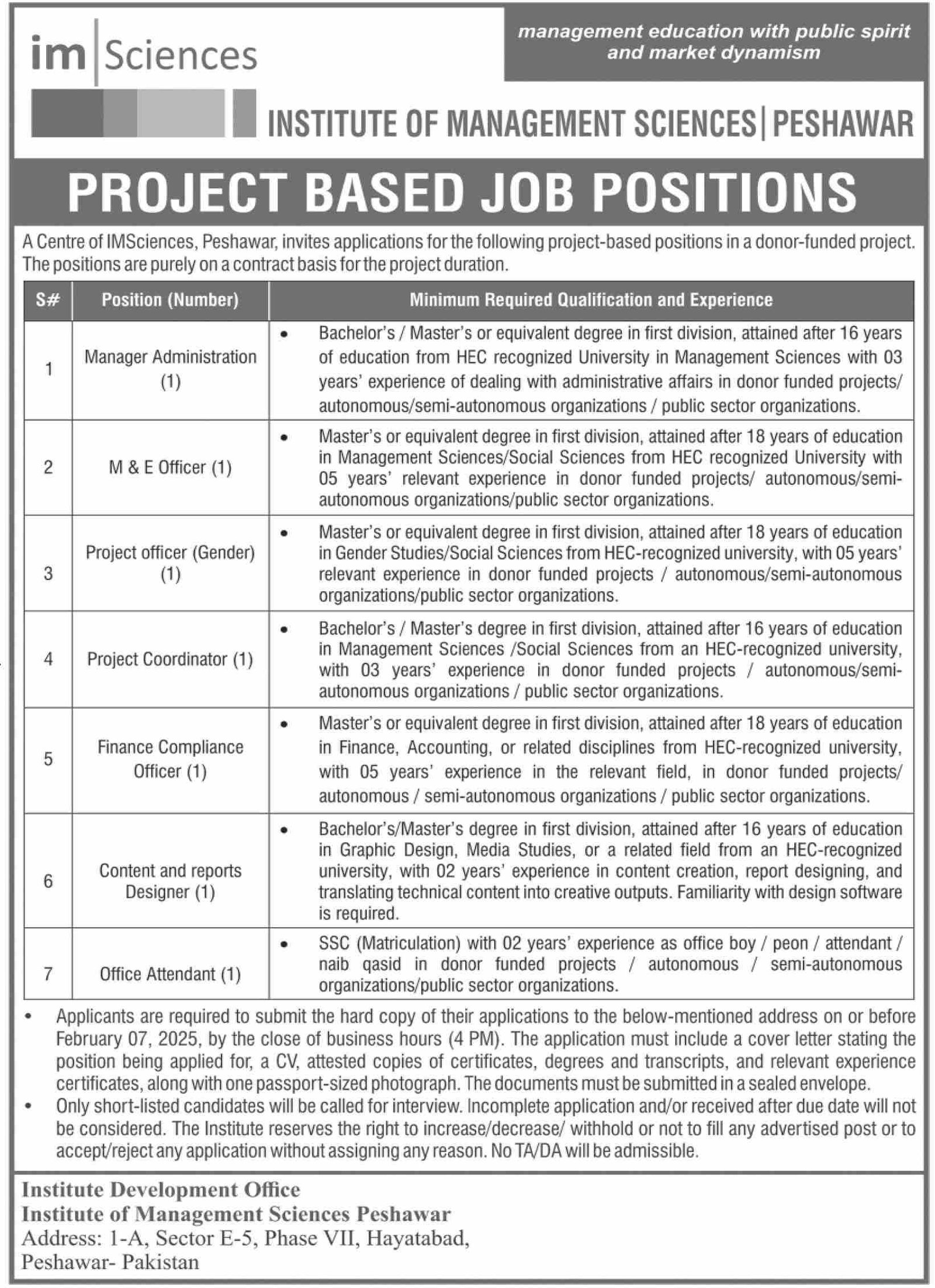 Institute Of Management Sciences IM Sciences Jobs 2025 – Institute of Management Sciences Peshawar Jobs 2025 — original advertisement